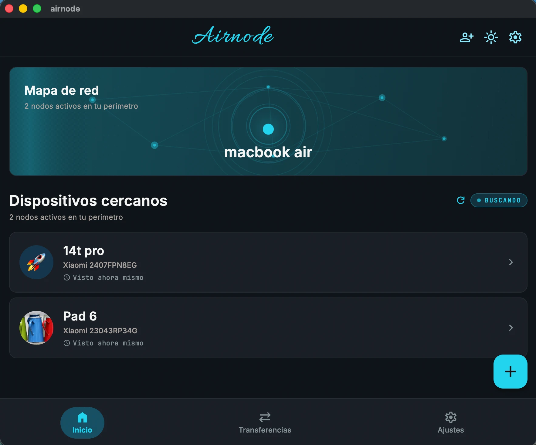 Inicio de Airnode en Mac: mapa de red y dispositivos cercanos