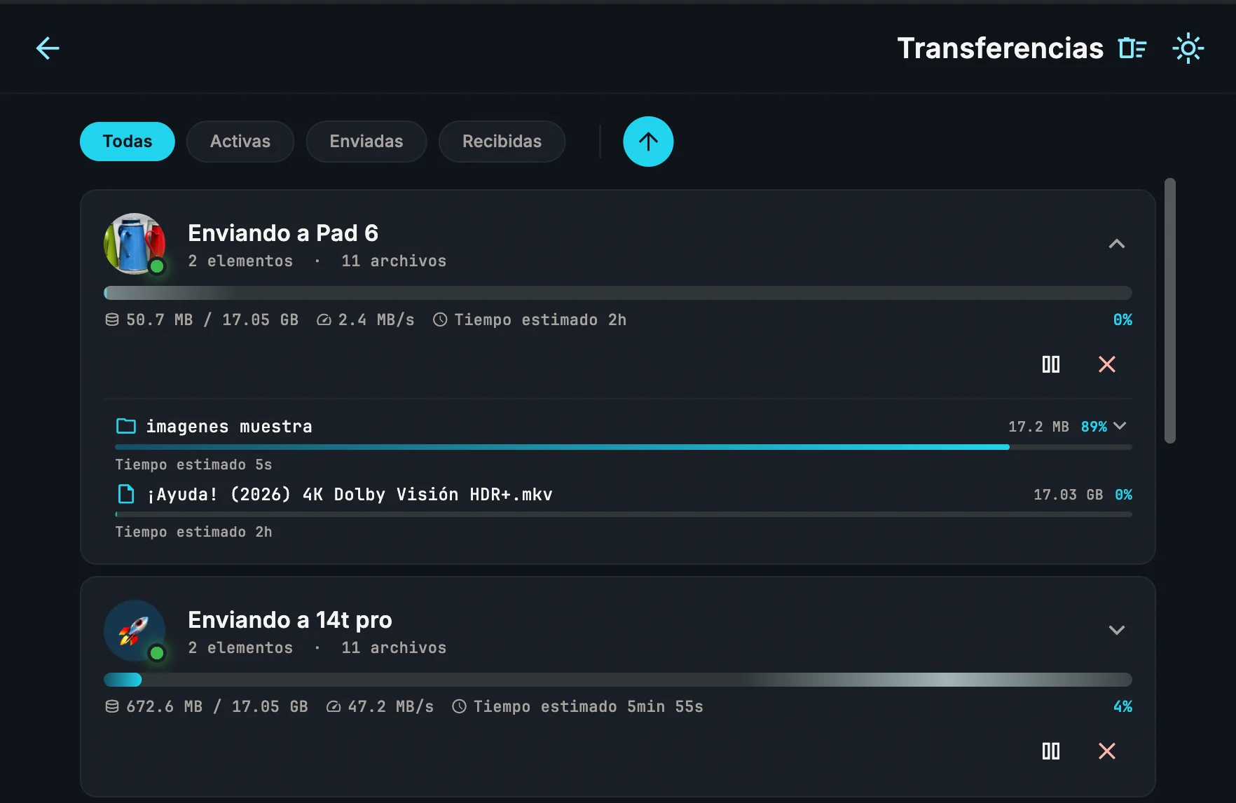 Transferencias: dos envíos de 17 GB con progreso, velocidad y tiempo estimado, archivo por archivo