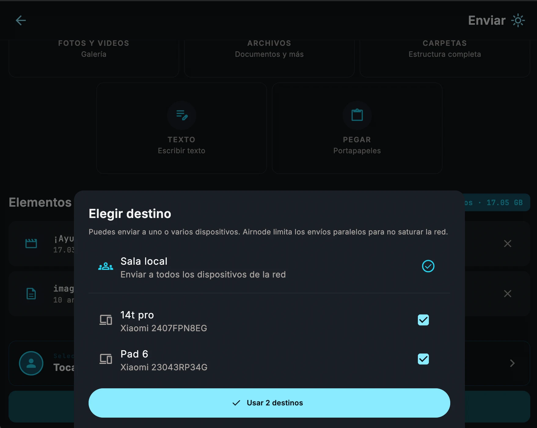 Elegir destino: Sala local envía a todos los dispositivos de la red