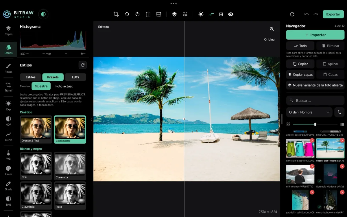 BitRaw Studio: presets sobre una foto de playa